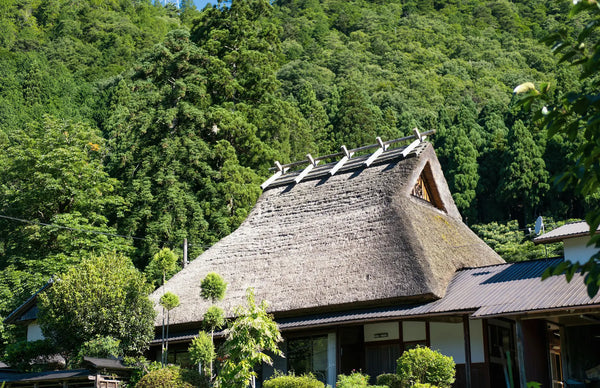 山あいに建つ茅葺き屋根の家。京都府美山町（イメージ）